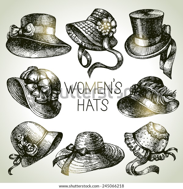 手描きのエレガントなビンテージレディーセット 女性の帽子をスケッチする レトロなファッションベクターイラスト のベクター画像素材 ロイヤリティフリー