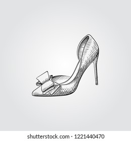 Hand Drawn elegant wedding shoe Sketch Symbol isolated on white background. Vector of Wedding elements In Trendy Style. High heeled shoe in sketch style.