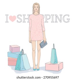 Hand drawn elegant woman dressed in a pink outfit with a floral pattern, holding the clutch, stand surrounded by shopping bags and boxes. Fashion and beauty illustration.