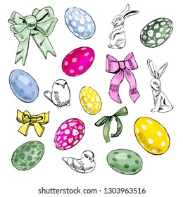 Hand drawn elemens for Happy Easter decoration. Composition with birds, rabbits, eggs and bows isolated on white background.