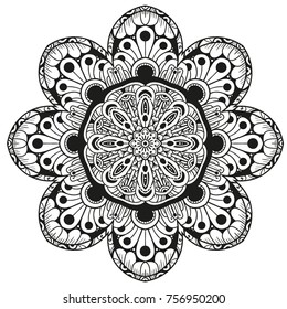 Hand drawn element. Black and white. Mandala. Vector illustration for coloring books.
