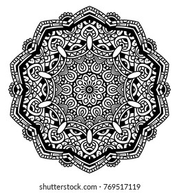 Hand drawn element. Black and white. Mandala style. Vector illustration. Perfect for coloring pages.

