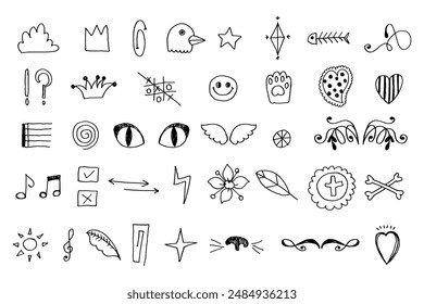 Hand drawn element collection, simple retro sketch decorations isolated on white background.