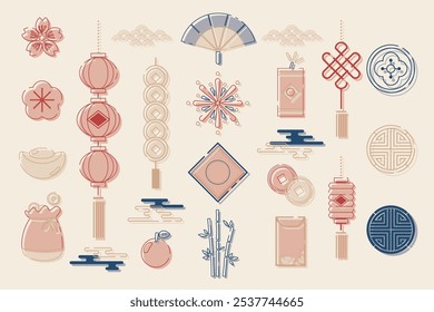 Elemento desenhado à mão ilustração conjunto de elementos vermelho e ouro tradicionais chineses asiáticos com comemoração esboço e Ano Novo chinês. Para pôster, cartão, marca, convite, mídia, web