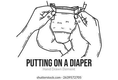 Hand drawn element putting on baby diaper, black ink, line art, editable