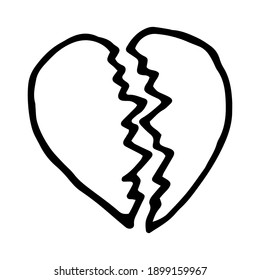 Hand drawn element, vector illustration in black color isolated on white background. Broken heart, doodle.