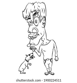 Hand drawn element, vector illustration in black color isolated on white background. Man gives bone to dog, doodle.