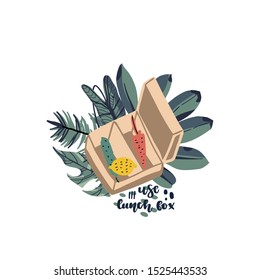 Hand drawn element of zero waste life in vector with tropical leaves on background. Eco style. Lettering quote - use lunch box.