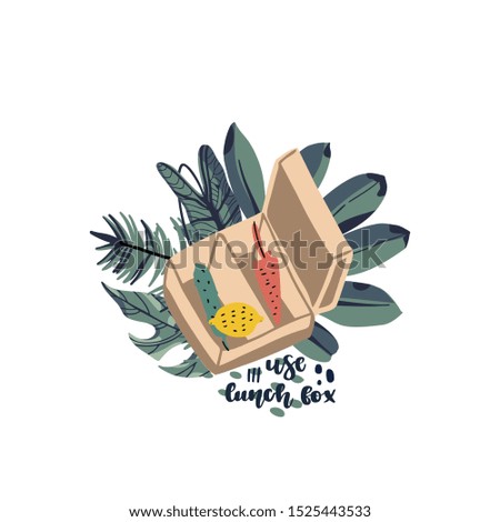 Hand drawn element of zero waste life in vector with tropical leaves on background. Eco style. Lettering quote - use lunch box.