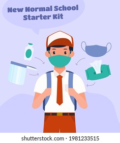 Hand drawn of elementary school boy student with new normal starter kit illustration vector stock