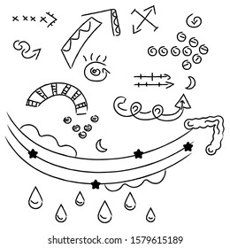 Hand drawn elements, arrow, swish,emphasis doodles. Isolated freehand pointers.