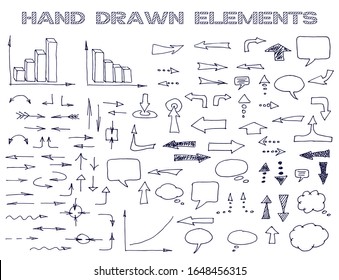 Hand drawn elements: arrows, diagram, speech bubble blocks, pointers and etc. Vector illustration.