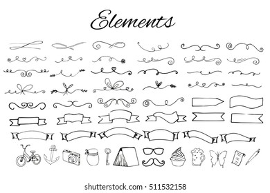 Hand drawn elements with arrows, ribbons, laurels, badges, squares, circles  isolated on white background and easy to use. Design your own perfect project. Vector illustration.