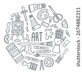 Hand drawn elements art supplies round composition. Fine art doodle poster