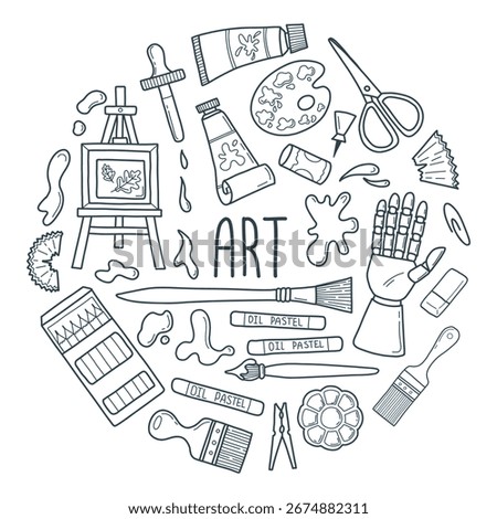 Hand drawn elements art supplies round composition. Fine art doodle poster