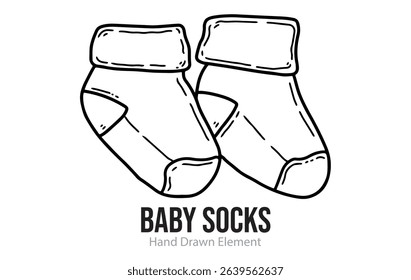 Hand drawn elements of baby socks. Sketch, black ink, line art, baby supplies