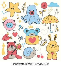 Hand drawn elements of character, animal and vector element on a light white background. Vector illustration.
