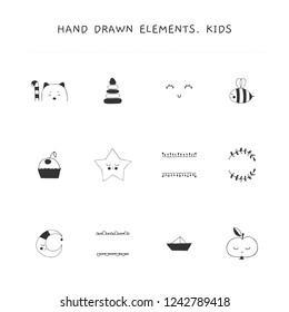 Hand drawn elements for children related businesses. Vector set of illustrations. For kids club, camp or shop, for professional nanny branding and identity. Black on white illustration.