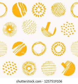 Hand drawn elements and circles, geometry seamless pattern. 