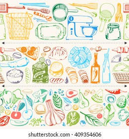 Hand drawn elements for cooking, vegetables, restaurant and vegetarian food. Seamless background. Vector illustration. Kitchen tools