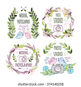 The hand drawn elements to create a logo photography, logo photo studio, logo studio photographer, logo wedding photos, logo family photos. Vector illustration