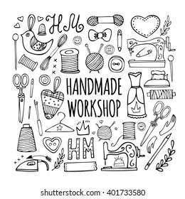 The hand drawn elements to create a logo handmade workshop. Vintage label. Retro symbols for local sewing shop, knit club, handmade artist or knitwear company. Vector illustration