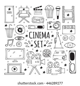 The hand drawn elements to create a logo cinema, film industry.  Multimedia symbols, logo designs and signs. Cinema design elements collection. 