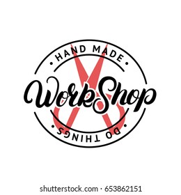 The hand drawn elements to create a logo handmade workshop. Vintage label. Retro symbols for local sewing shop, knit club, handmade artist or knitwear company. Vector illustration