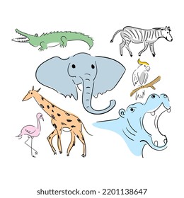 Hand drawn elements of crocodile, elephant, giraffe, zebra, hippopotamus, flamingo, parrot isolated on white background.