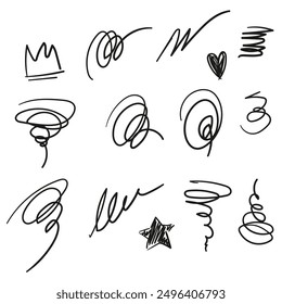Hand drawn elements, crown, star, squiggles and heart decoration symbol set icon. Simple sketch line Vector ink illustration
