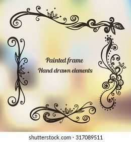 Hand drawn elements. Decorative doodle frame. Blurred background. Vector Illustration. Can be used for invitations, greeting cards, postcards.