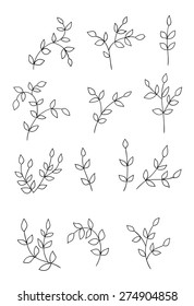 Hand drawn elements for design. Collection of leaves on branches on white background.
