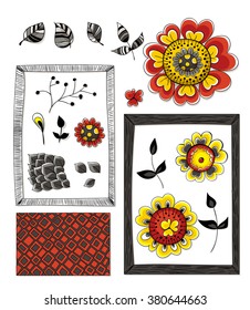 Hand  drawn elements for design - flowers, leaves, frames and pattern.