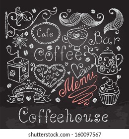 Hand drawn elements for design menu. Vintage style. Stylized drawing with chalk on the blackboard.