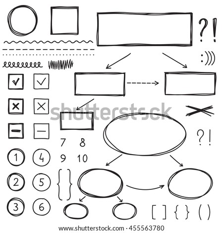 Hand drawn elements: divider, wavy and dotted lines, brackets,  box and circle scheme. Black marker sketch.