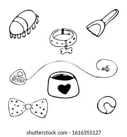 Hand drawn elements of dog care. Vector illustration. Bowl, ball, bow, leash, collar, brush and scoop.