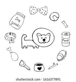 Hand drawn elements of dog care. Vector illustration. Bowl, ball, bow,  collar, brush, scoop, bone and food.