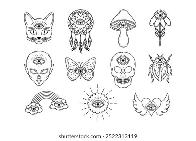 Сollection of hand drawn elements in doodle style  with  mystical all seeing eye. Designs for tattoos.