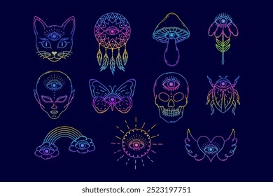 Сollection of hand drawn elements in doodle style  with  mystical all seeing eye. Gradient colors.