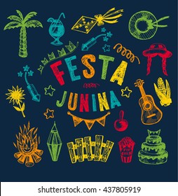 Hand drawn elements of Festa Junina village festival.