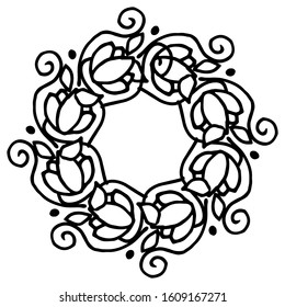 hand drawn elements of the frame. Forest branches, berries, curls, monogram, flower with petals. Elegant oval frame for the invitation. Vector illustration. Isolated on white background