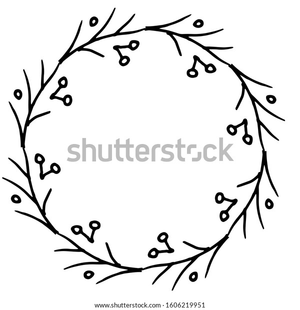 hand drawn elements of the frame. Forest\
branches, berries, curls, monogram, flower with petals. Elegant\
oval frame for the invitation. Vector illustration. Isolated on\
white background