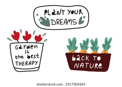 Elementos dibujados a mano con el concepto de jardinería con letras positivas. Ilustración del vector