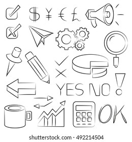 hand drawn elements, gear, calculator, megaphone