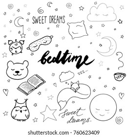 Hand drawn elements: good night dreamcatcher sleeping moon book toys animals alarm clock stars owl cup of tea fox heart sweet dreams lettering nap black and white and gray
