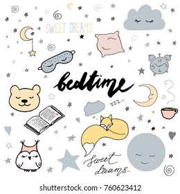 Hand drawn elements: good night dreamcatcher sleeping moon book toys animals alarm clock stars owl cup of tea fox heart sweet dreams lettering nap colors

