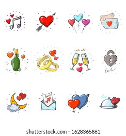 Hand drawn elements, heart, golden rings, glasses of champagne, for Valentines day, wedding, love and romantic events