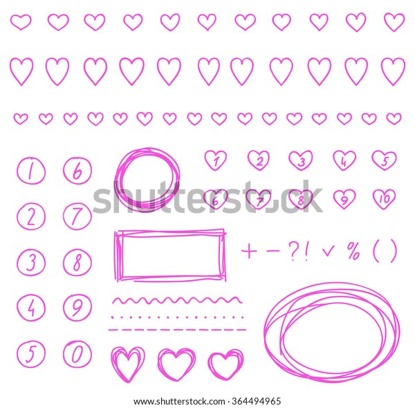 Hand drawn elements. Heart\'s lines, heart\'s list,\
pink frames.