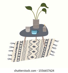 Hand drawn elements of home interior: coffee table, cups, candle, plant in pot on carpet. Isolated vector indoor cliparts. Cozy beige and gray colors flat illustration in Scandinavian style.