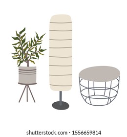 Hand drawn elements of home interior: coffee table, floor lamp, plant in pot. Isolated vector indoor cliparts. Cozy beige colors flat illustration.
